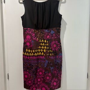 Trina Turk Black Bodice Floral Mini Dress with Pink and Yellow Pattern